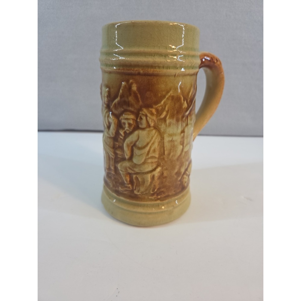 Antique 1920's‎ Hull Stein Mug Yellow Ware Brown Embossed Scene Pottery H 492